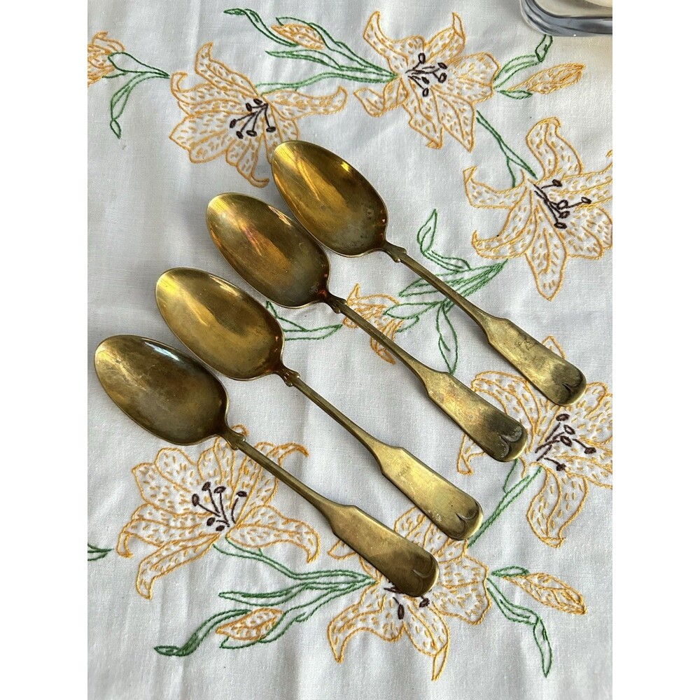 Antique Extra Coin Silver Plate Spoons Set of 4 7” Fiddle Handle Flatware
